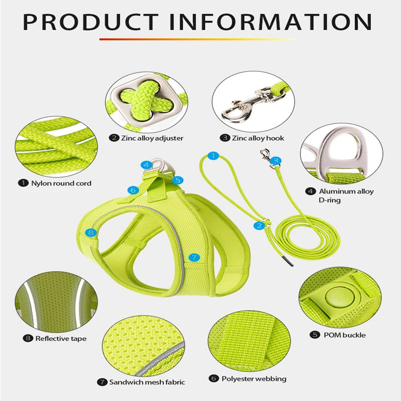 Adjustable Reflective Dog Harness & Leash Set – Perfect for Small & Medium Breeds