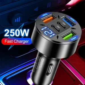 250W 5-Port Fast Car Charger - PD & QC3.0 USB-C Turbo Type-C Adapter