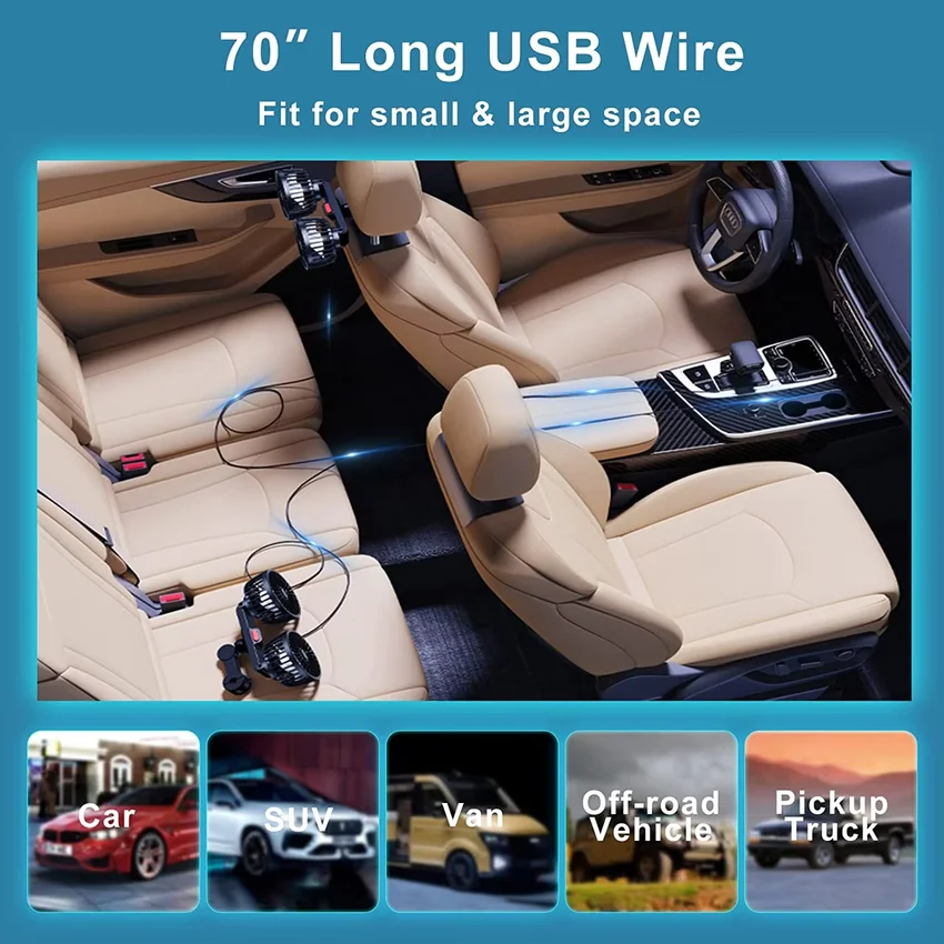 360° Dual Head Car Seat Back Cooling Fan - 3-Speed USB Charging Neck Cooler - Image 5