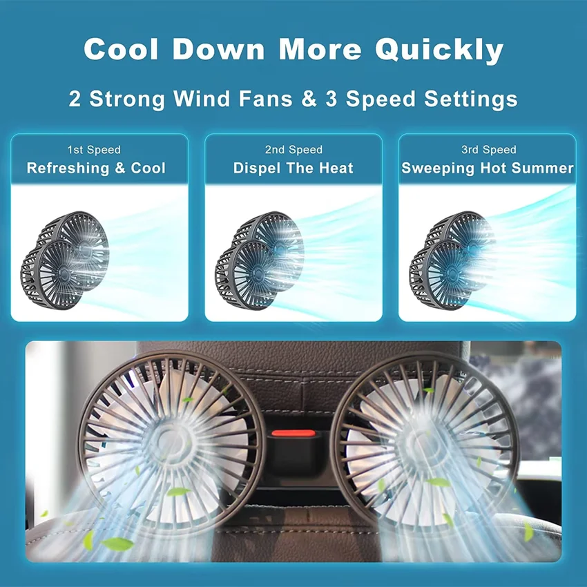 360° Dual Head Car Seat Back Cooling Fan - 3-Speed USB Charging Neck Cooler - Image 4